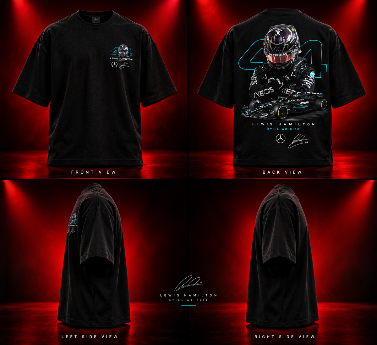 AESTRA Lewis Hamilton 44 Racing Oversized T-Shirt | Motorsport Graphic Streetwear | Black Unisex Tee