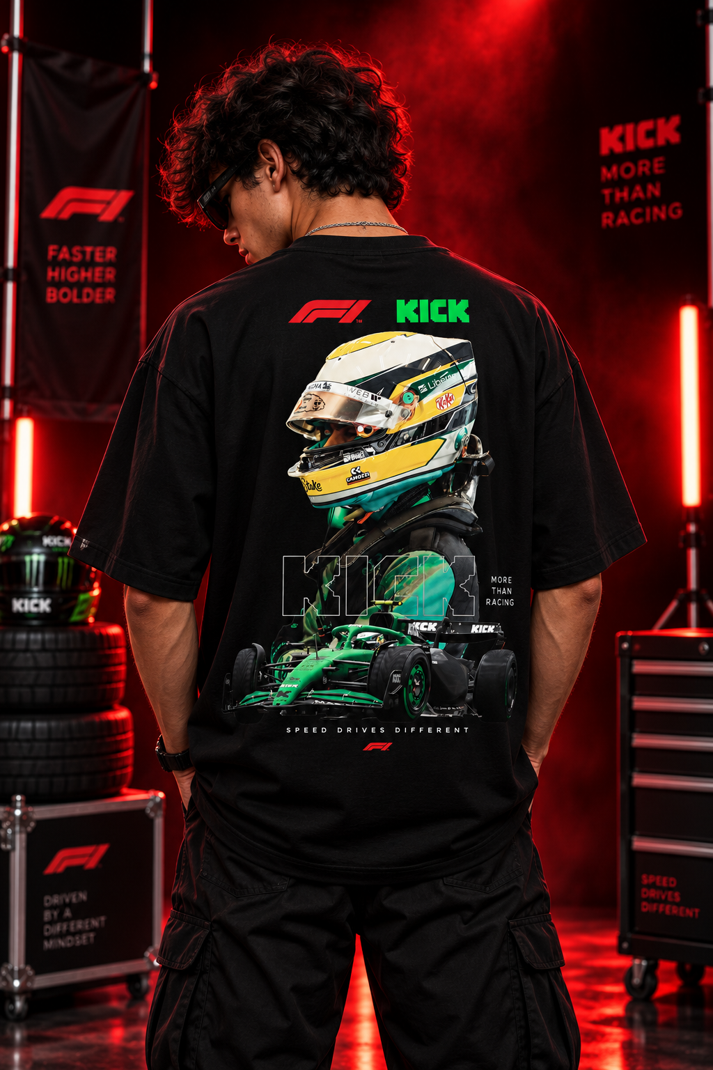 AESTRA F1 KICK Racing Oversized T-Shirt | Motorsport Graphic Streetwear | Black Unisex Tee