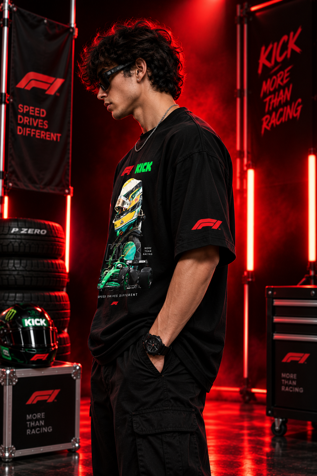 AESTRA F1 KICK Racing Oversized T-Shirt | Motorsport Graphic Streetwear | Black Unisex Tee