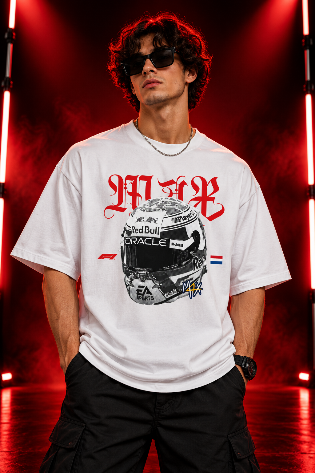 AESTRA Max Racing Helmet Oversized T-Shirt | Motorsport Graphic Tee | White Streetwear
