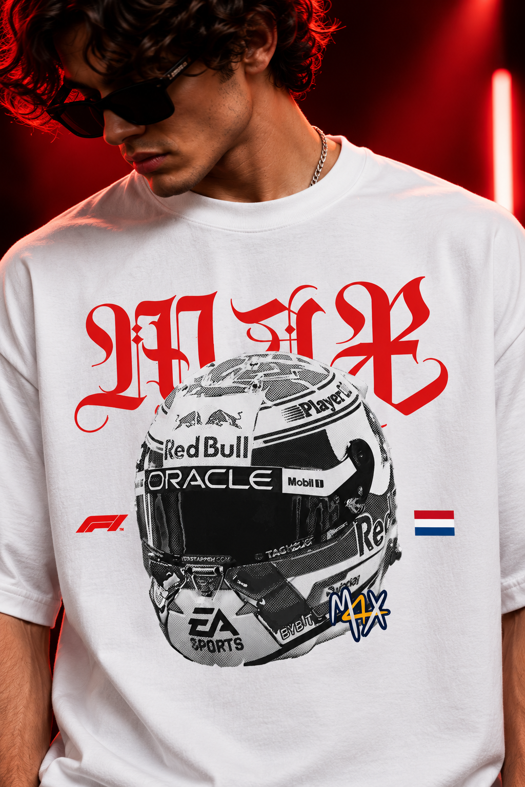 AESTRA Max Racing Helmet Oversized T-Shirt | Motorsport Graphic Tee | White Streetwear