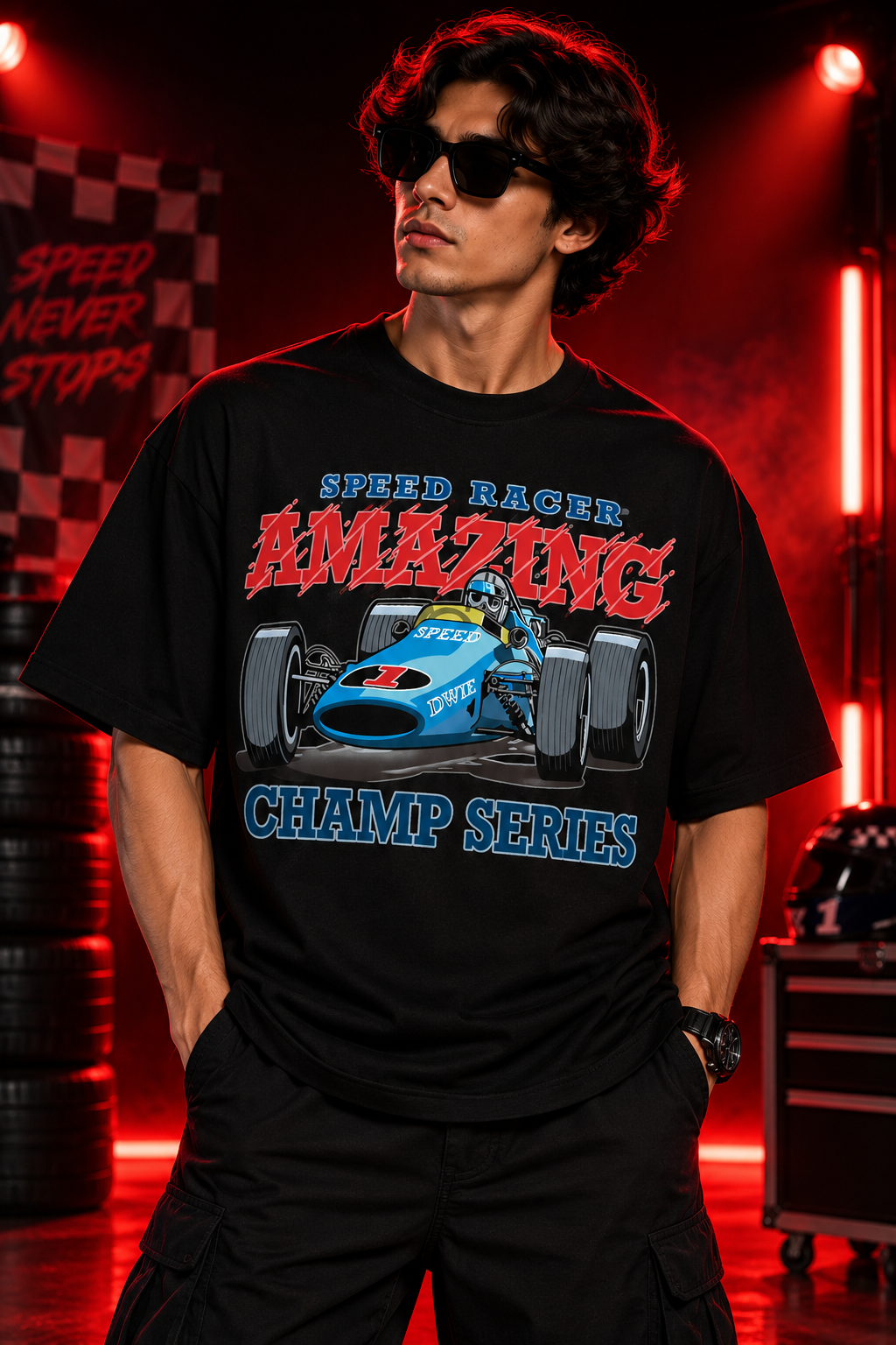 AESTRA Speed Racer Racing Oversized T-Shirt | Vintage Motorsport Graphic Tee | Black Streetwear