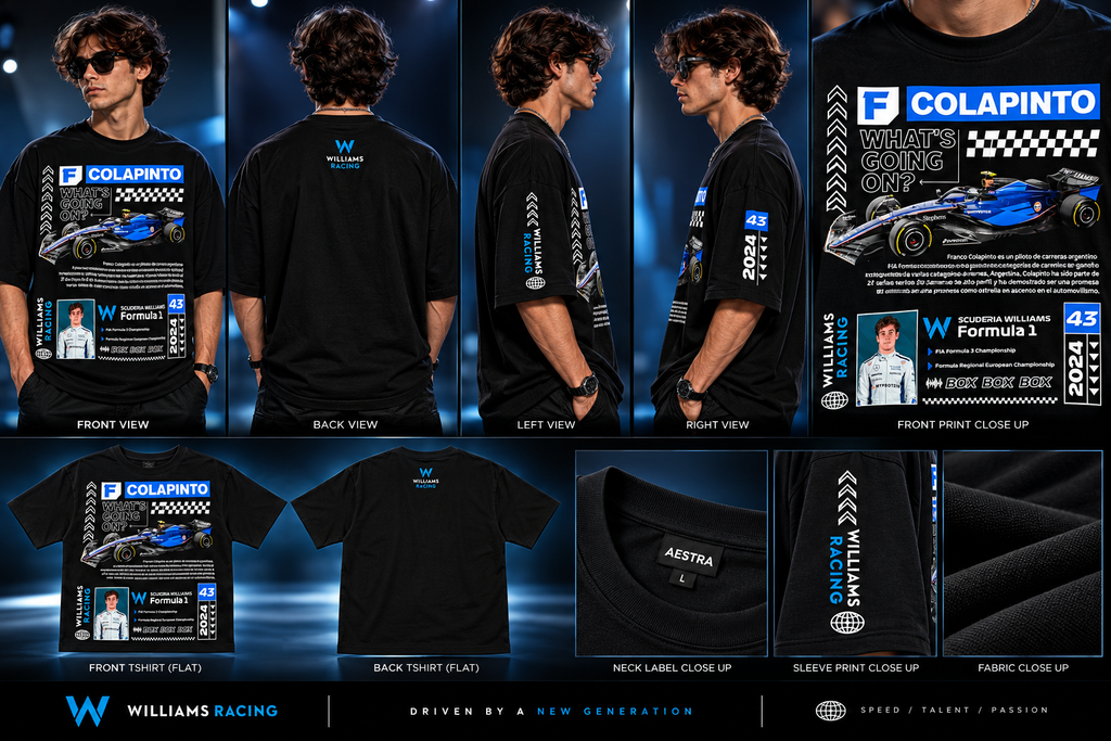 AESTRA Franco Colapinto Racing Oversized T-Shirt | F1 Motorsport Graphic Tee | Black Streetwear