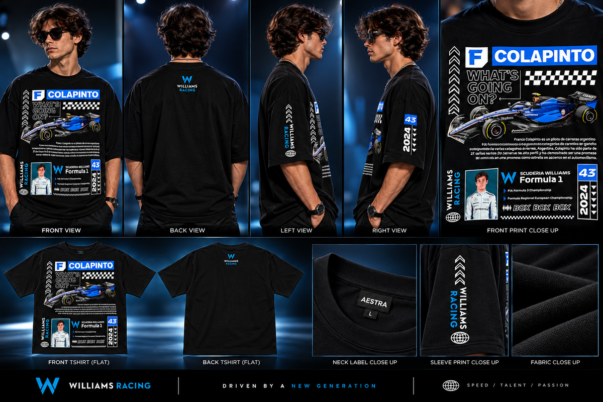 AESTRA Franco Colapinto Racing Oversized T-Shirt | F1 Motorsport Graphic Tee | Black Streetwear