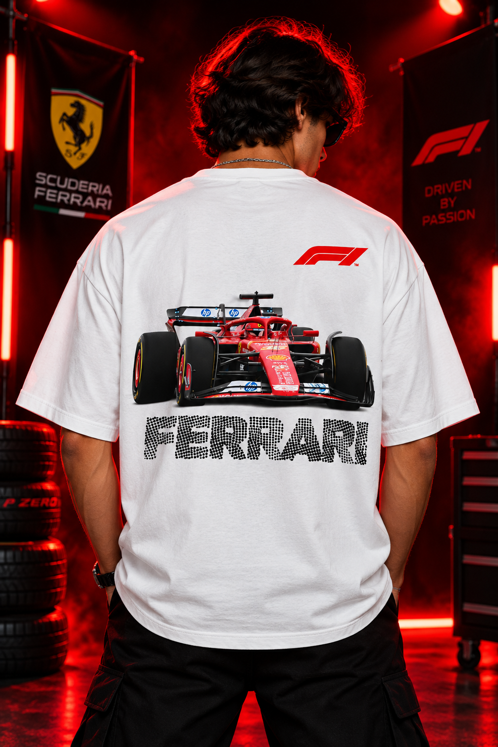 AESTRA Ferrari Racing Oversized T-Shirt | F1 Motorsport Graphic Tee | White Streetwear