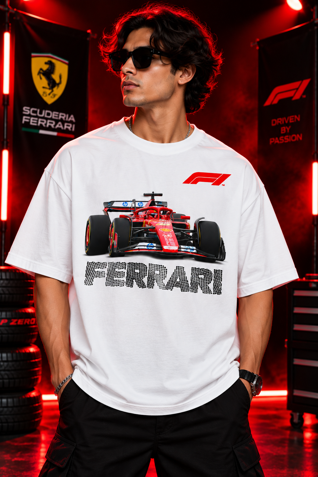 AESTRA Ferrari Racing Oversized T-Shirt | F1 Motorsport Graphic Tee | White Streetwear