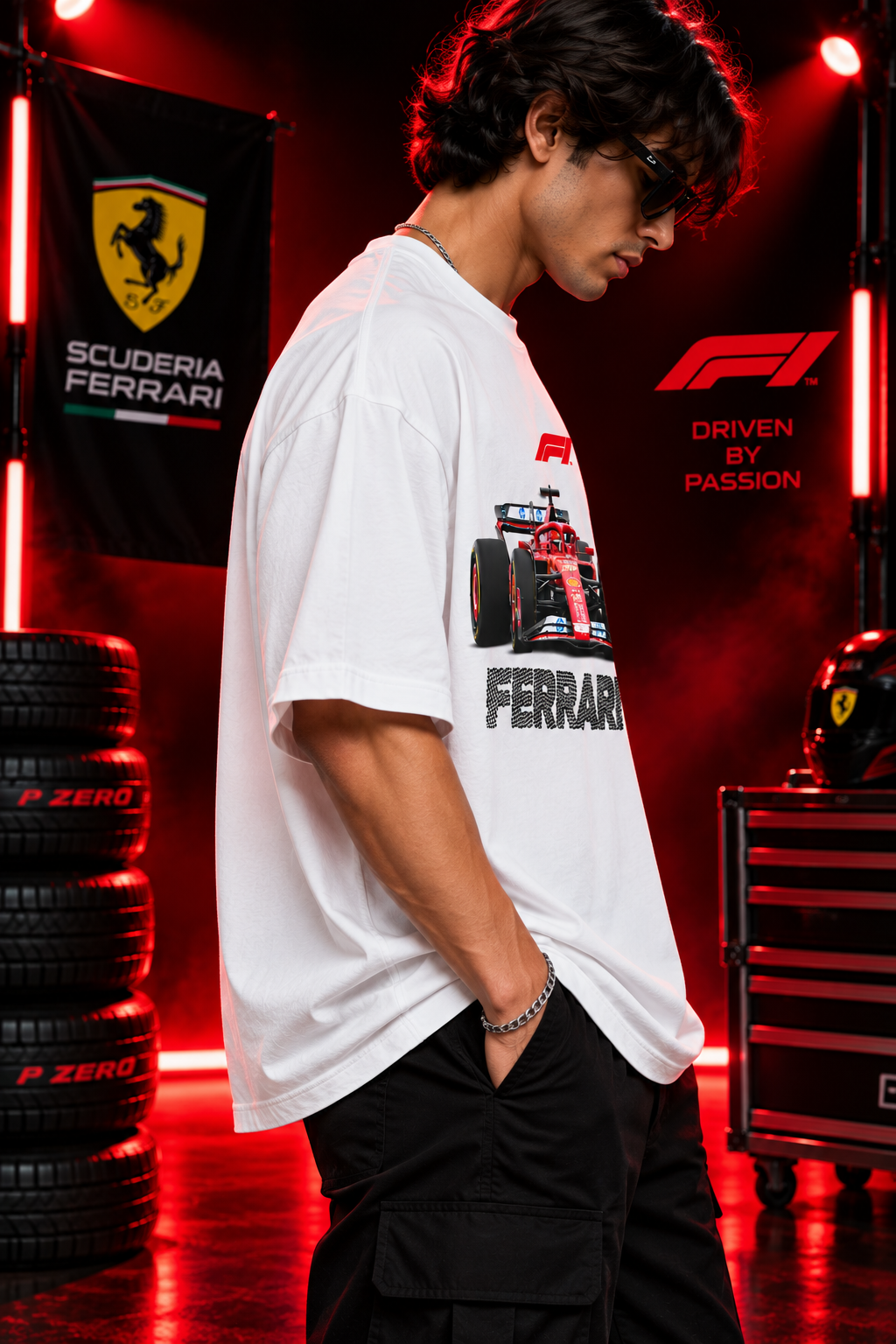 AESTRA Ferrari Racing Oversized T-Shirt | F1 Motorsport Graphic Tee | White Streetwear