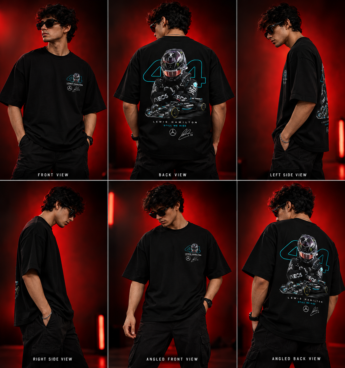 AESTRA Lewis Hamilton 44 Racing Oversized T-Shirt | Motorsport Graphic Streetwear | Black Unisex Tee